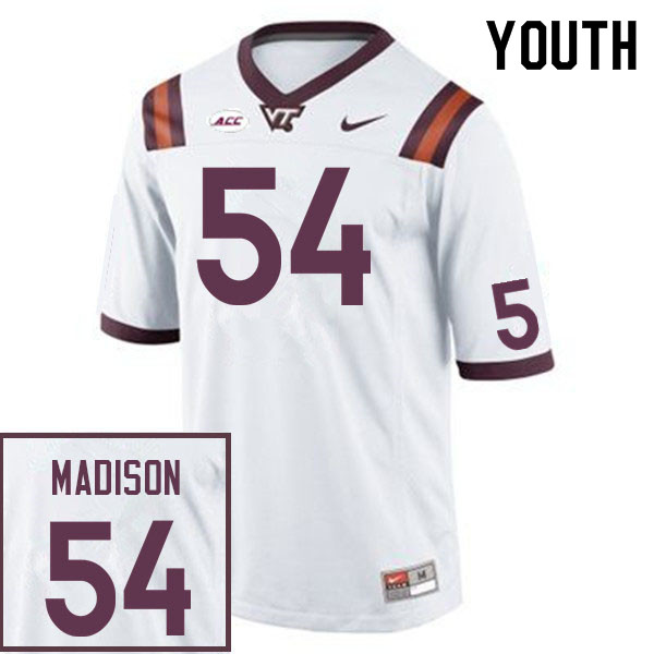Youth #54 Malachi Madison Virginia Tech Hokies College Football Jerseys Sale-White - Click Image to Close